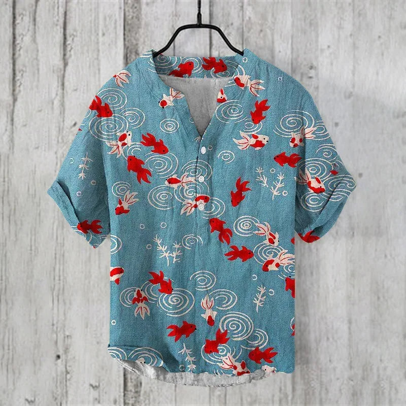 Henry Men's Casual Fashion Outdoor Seaside Men's Tops Shirt V-Neck Linen Shirt 2024 New Plus Size