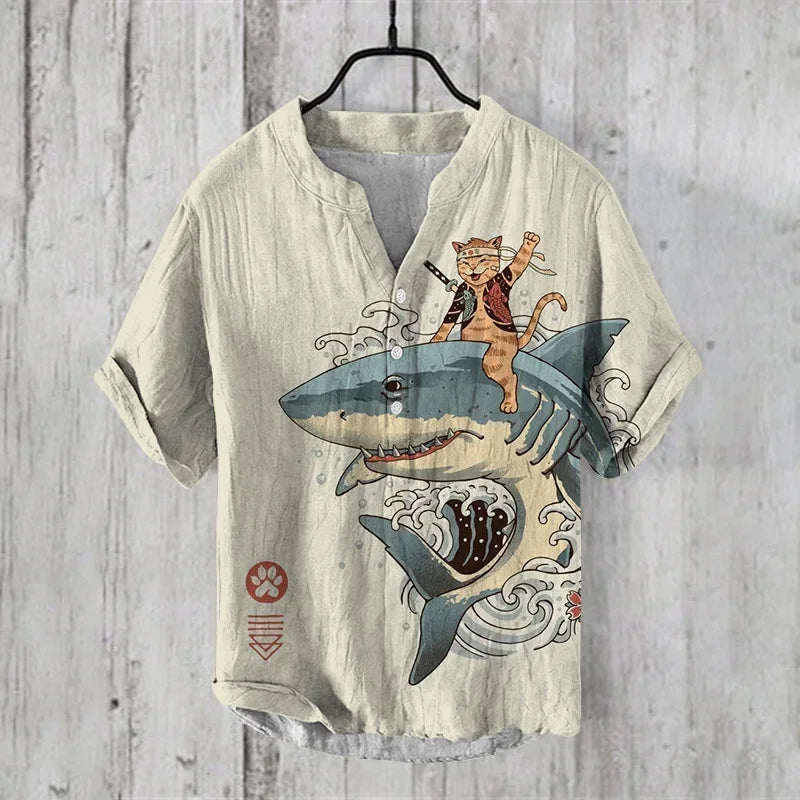 Henry Men's Casual Fashion Outdoor Seaside Men's Tops Shirt V-Neck Linen Shirt 2024 New Plus Size