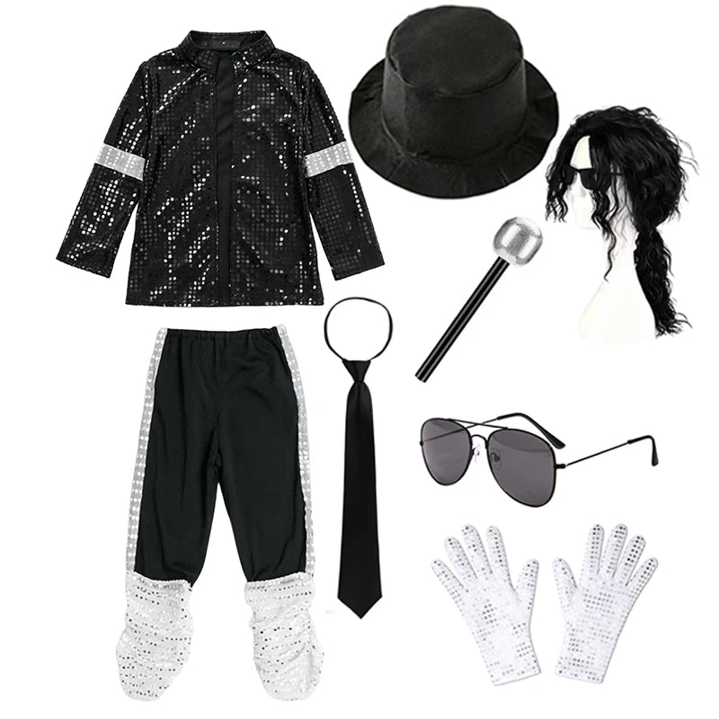 Kids Boys Michael Jackson Inspired Costume Set with Full Accessories for Dance Performance and Halloween Party