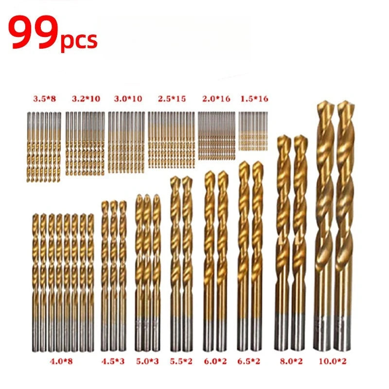 50/99pcs Titanium Coated High Speed Steel Drill Bit Set Hex Shaft Straight Spiral Twist Bits for Metal Wood Plastic Drilling