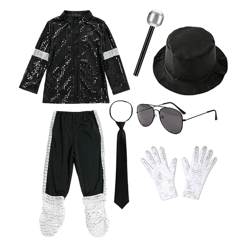 Kids Boys Michael Jackson Inspired Costume Set with Full Accessories for Dance Performance and Halloween Party