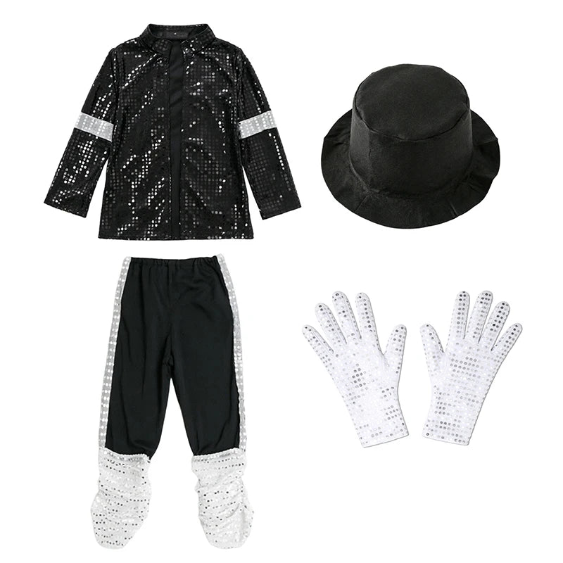 Kids Boys Michael Jackson Inspired Costume Set with Full Accessories for Dance Performance and Halloween Party