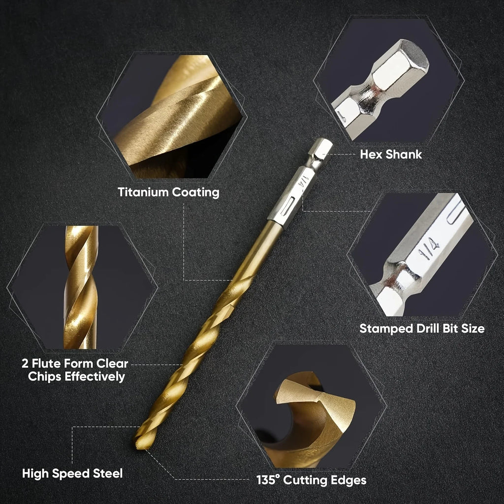 50/99pcs Titanium Coated High Speed Steel Drill Bit Set Hex Shaft Straight Spiral Twist Bits for Metal Wood Plastic Drilling