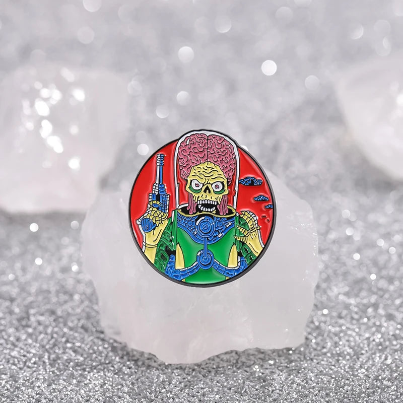 Cartoon Brooch Enamel Pin Scary Brain Alien The Martians Metal Badge Punk Halloween Lapel Pin Jewelry