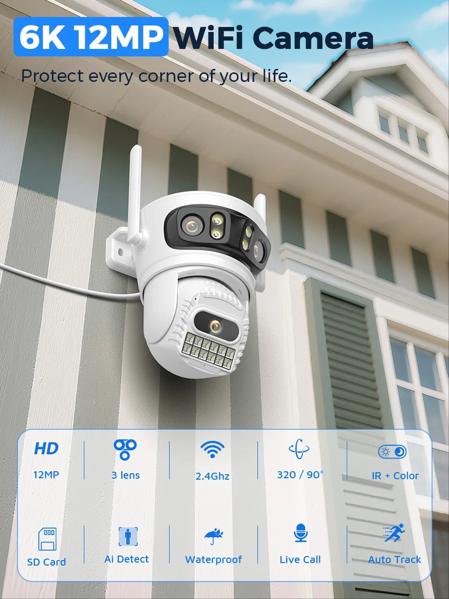 BESDER 6K 12MP HD Three Screen WIFI IP Camera Outdoor Three Lens Ai Human Detection Waterproof CCTV Video Security Camera iCsee