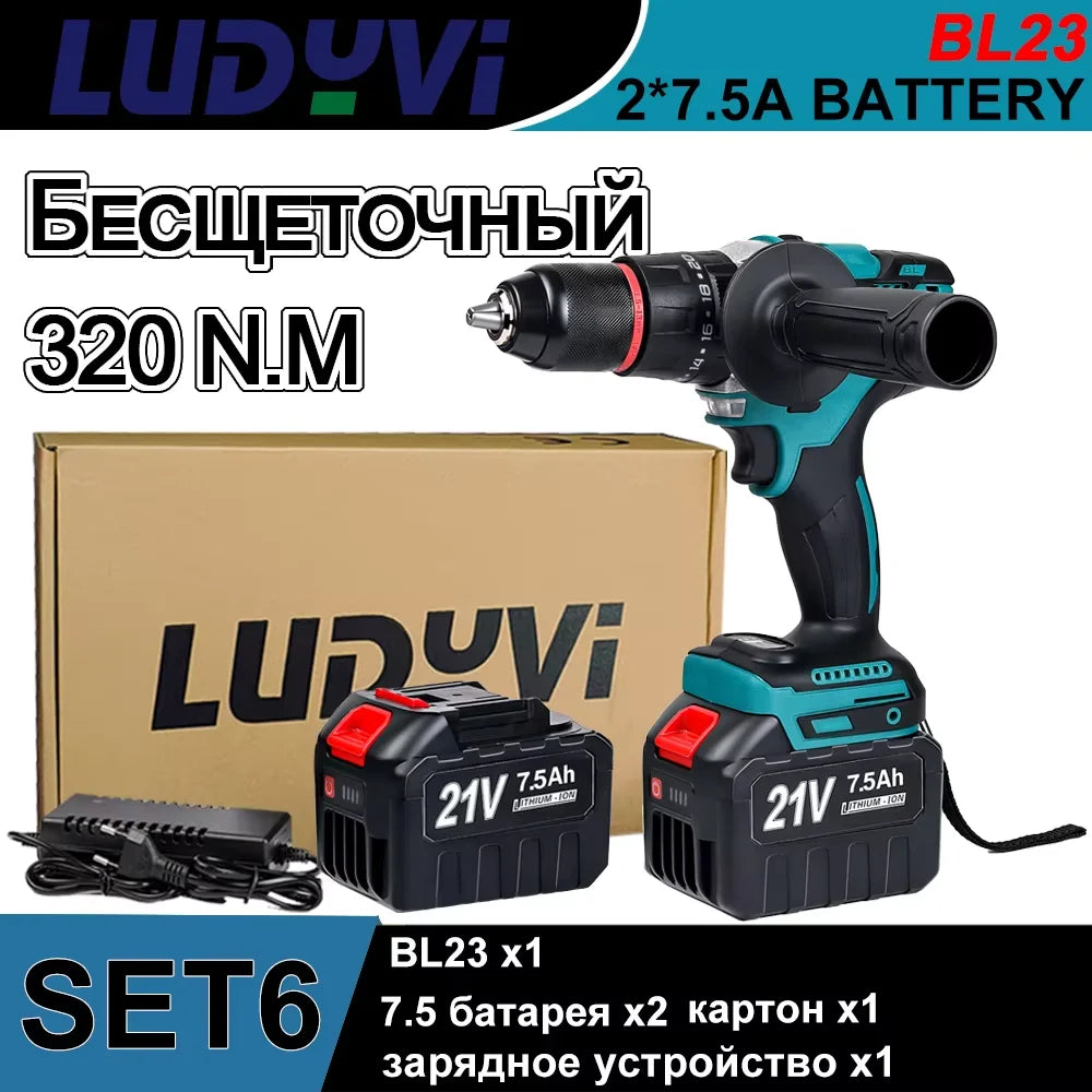 21V Brushless Electric Drill Powerful  320N.M 13mm Impact Cordless Drill Drillable Ice Power Tool  For Ice Fishing