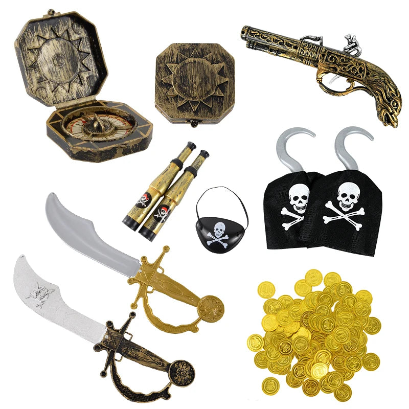 Pirate Theme Party Decoration Pirate Hat Pistol  Eye Patch Telescope Compass Treasure Toys For Kids Gift Halloween Cosplay Prop
