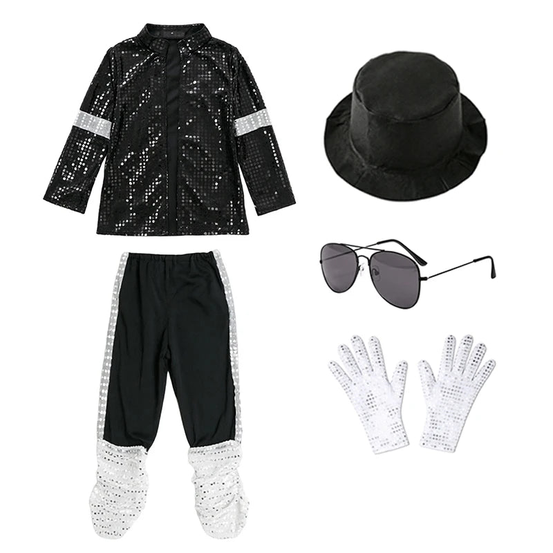 Kids Boys Michael Jackson Inspired Costume Set with Full Accessories for Dance Performance and Halloween Party