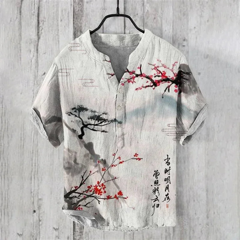 Henry Men's Casual Fashion Outdoor Seaside Men's Tops Shirt V-Neck Linen Shirt 2024 New Plus Size