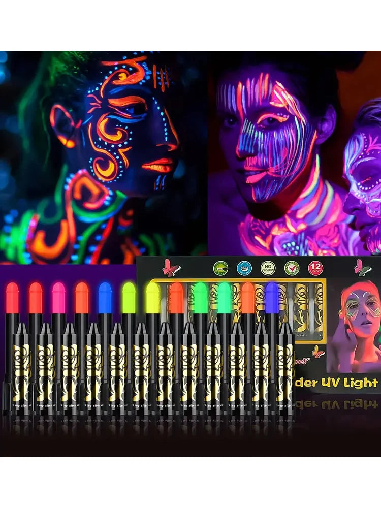 12 Pieces UV Neon Face Painting, Glow in the Dark Under UV Lights Face Painting Crayon SticksMardi Gras Party Halloween Makeup