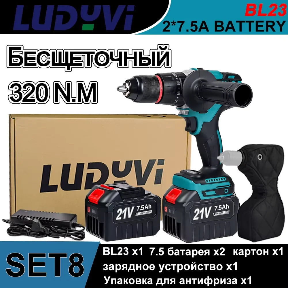 21V Brushless Electric Drill Powerful  320N.M 13mm Impact Cordless Drill Drillable Ice Power Tool  For Ice Fishing