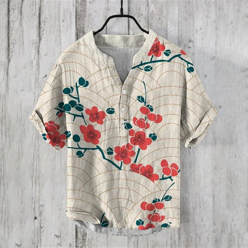 Henry Men's Casual Fashion Outdoor Seaside Men's Tops Shirt V-Neck Linen Shirt 2024 New Plus Size