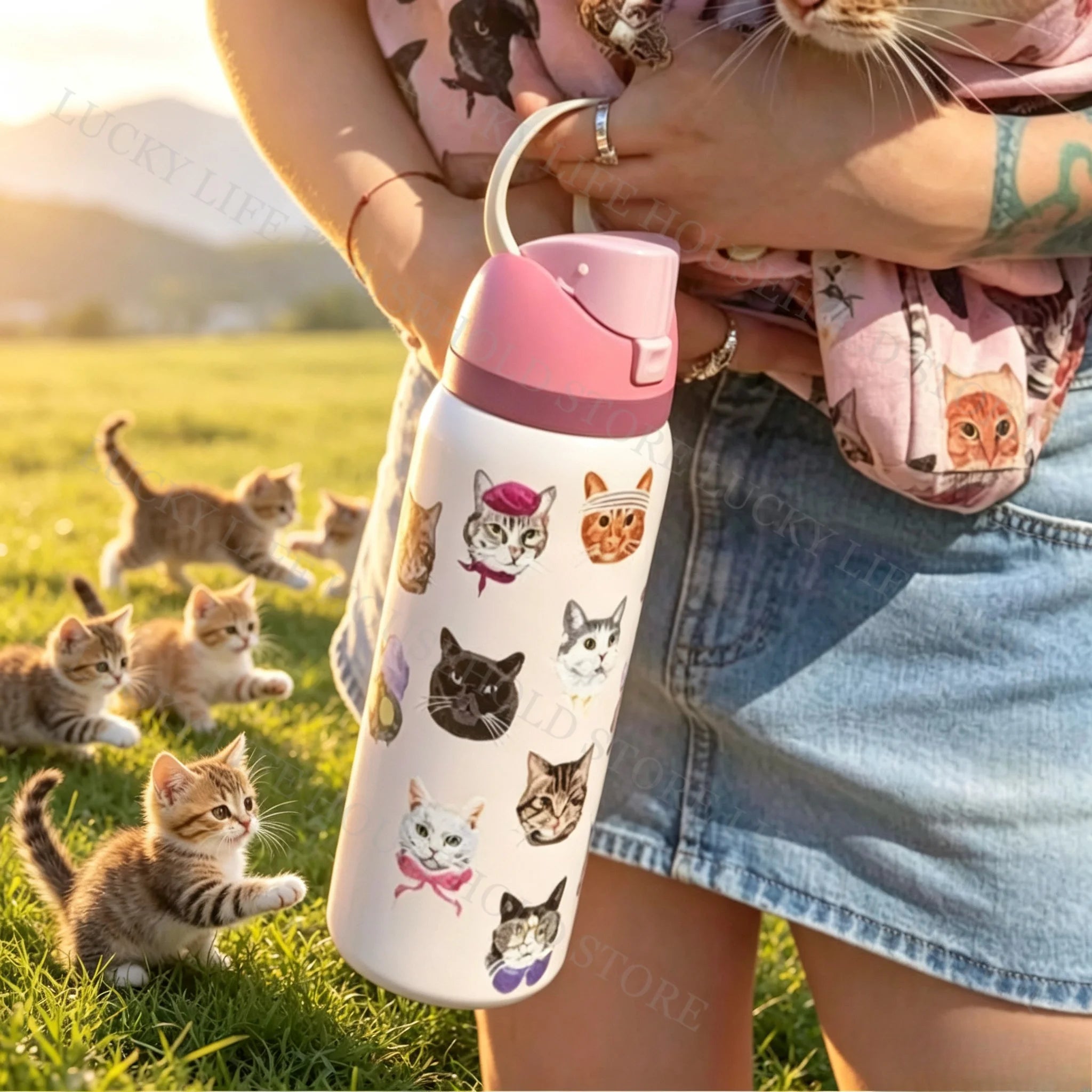 Cute Cat Pattern Thermal Cup Animal Color Water Bottle Stainless Steel Car Vacuum Flasks Sports Bottles Halloween Christmas Gift