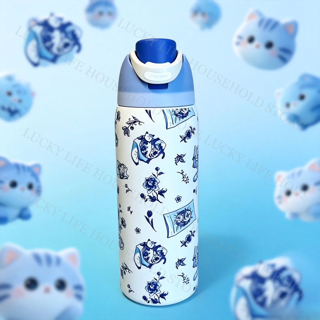 Cute Cat Pattern Thermal Cup Animal Color Water Bottle Stainless Steel Car Vacuum Flasks Sports Bottles Halloween Christmas Gift