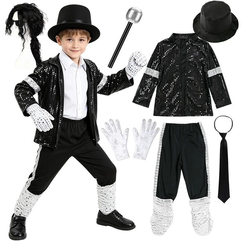 Kids Boys Michael Jackson Inspired Costume Set with Full Accessories for Dance Performance and Halloween Party