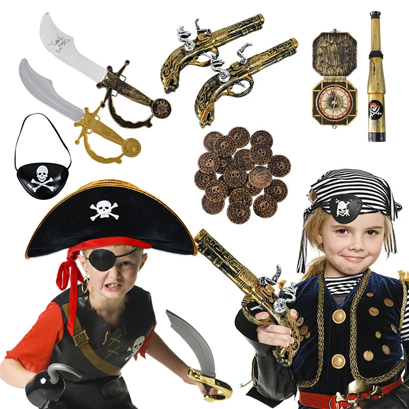 Pirate Theme Party Decoration Pirate Hat Pistol  Eye Patch Telescope Compass Treasure Toys For Kids Gift Halloween Cosplay Prop