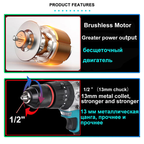 21V Brushless Electric Drill Powerful  320N.M 13mm Impact Cordless Drill Drillable Ice Power Tool  For Ice Fishing