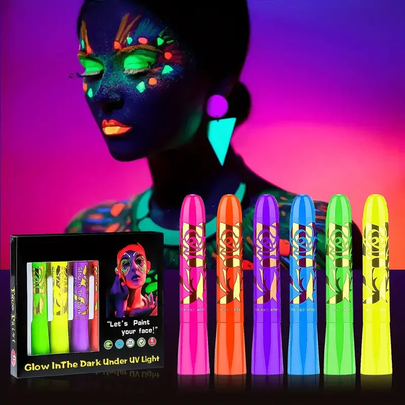 12 Pieces UV Neon Face Painting, Glow in the Dark Under UV Lights Face Painting Crayon SticksMardi Gras Party Halloween Makeup
