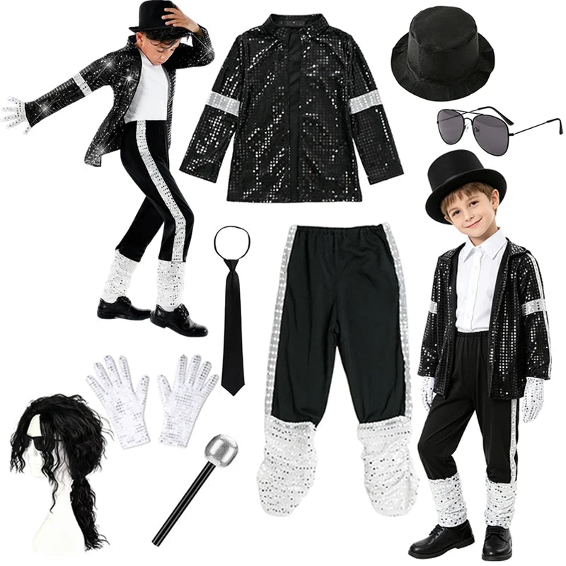 Kids Boys Michael Jackson Inspired Costume Set with Full Accessories for Dance Performance and Halloween Party