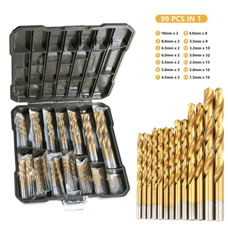 50/99pcs Titanium Coated High Speed Steel Drill Bit Set Hex Shaft Straight Spiral Twist Bits for Metal Wood Plastic Drilling