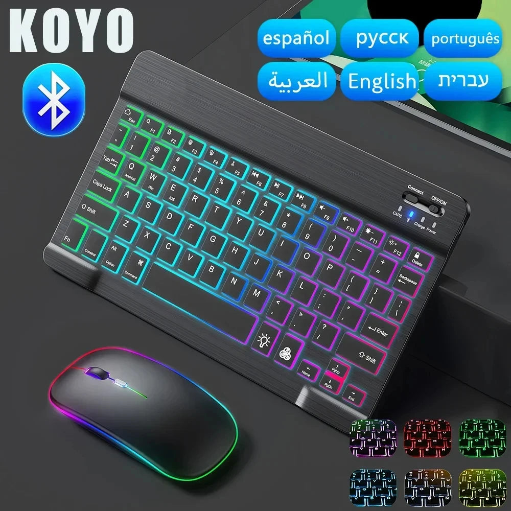 Mini Backlit RGB 10inch Bluetooth Keyboard Wireless Mouse Rechargeable for Spanish Russian Hebrew Korean French Arabic Portugal
